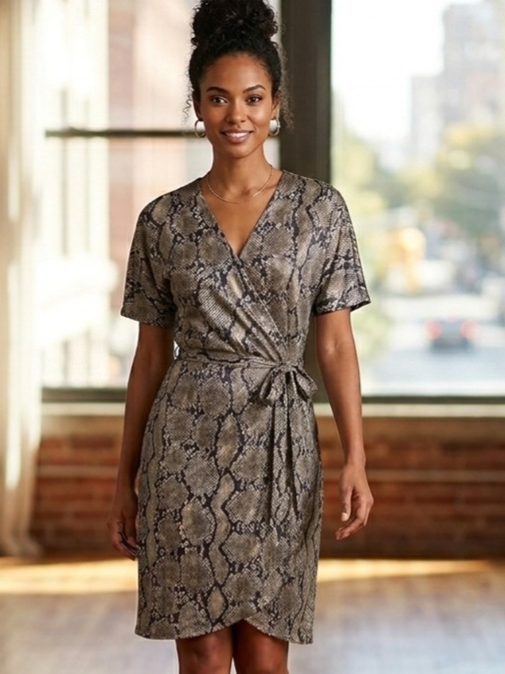 Babaton Snake-Print Wrap Mini Dress in tan and black Size XXS